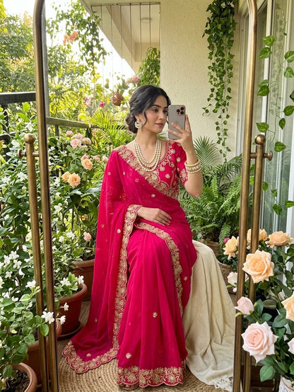 Ruby Radiance Embroidered Fendy Satin Saree with Heavy Sequins Border & Stitched Blouse