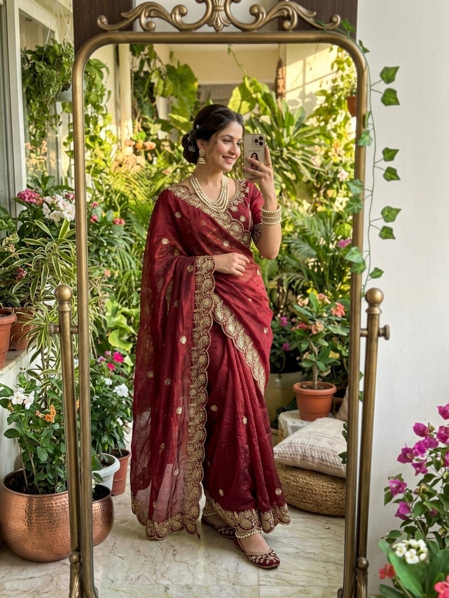 Royal Wine Embroidered Fendy Satin Saree with Heavy Sequins Border & Stitched Blouse