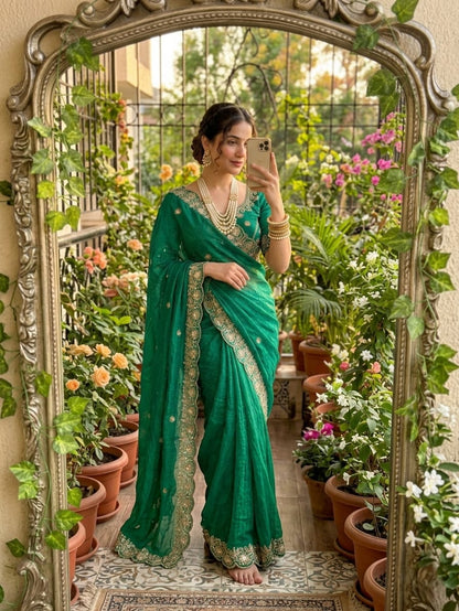 Emerald Grace Embroidered Fendy Satin Saree with Heavy Sequins Border & Stitched Blouse
