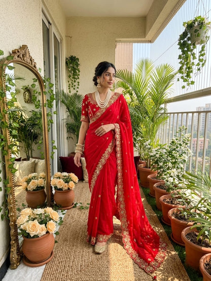Ruby Radiance Embroidered Fendy Satin Saree with Heavy Sequins Border & Stitched Blouse