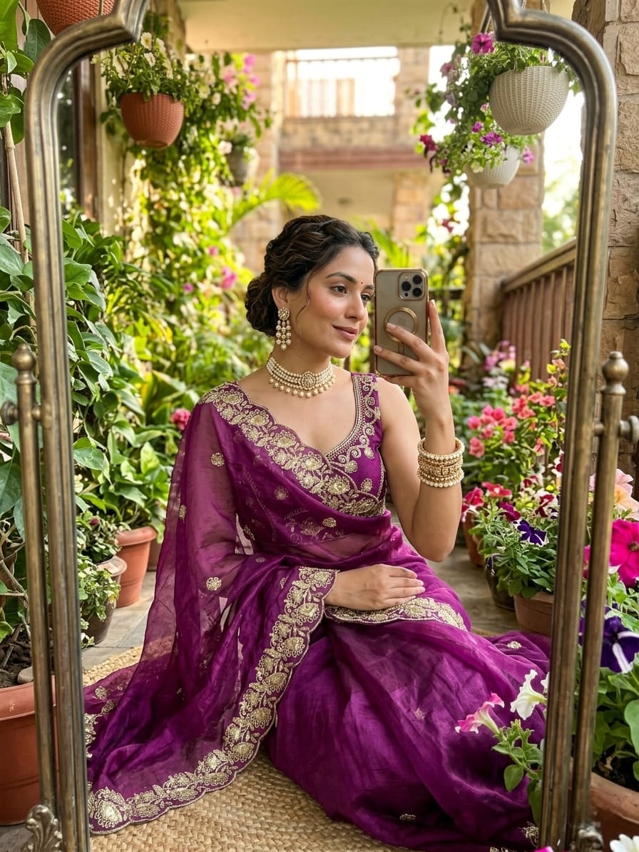 Royal Magenta Embroidered Fendy Satin Saree with Heavy Sequins Border & Stitched Blouse