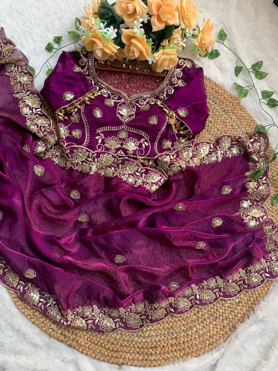 Royal Magenta Embroidered Fendy Satin Saree with Heavy Sequins Border & Stitched Blouse