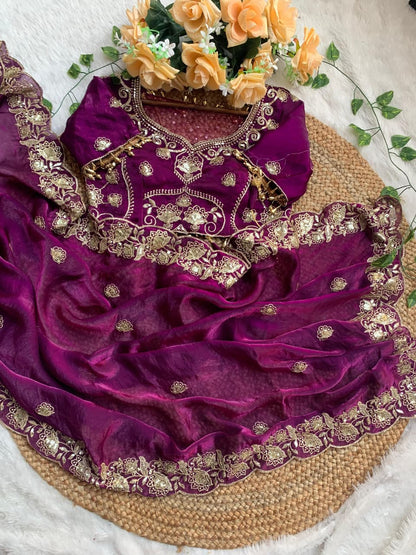 Royal Magenta Embroidered Fendy Satin Saree with Heavy Sequins Border & Stitched Blouse