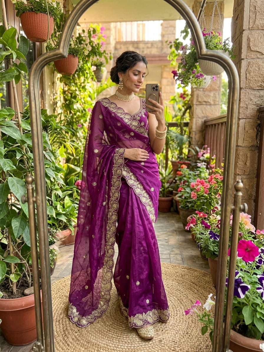 Royal Magenta Embroidered Fendy Satin Saree with Heavy Sequins Border & Stitched Blouse