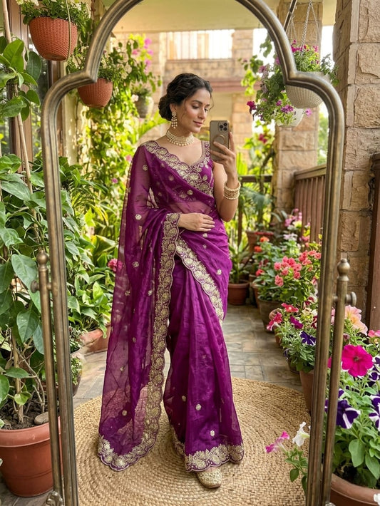 Royal Magenta Embroidered Fendy Satin Saree with Heavy Sequins Border & Stitched Blouse
