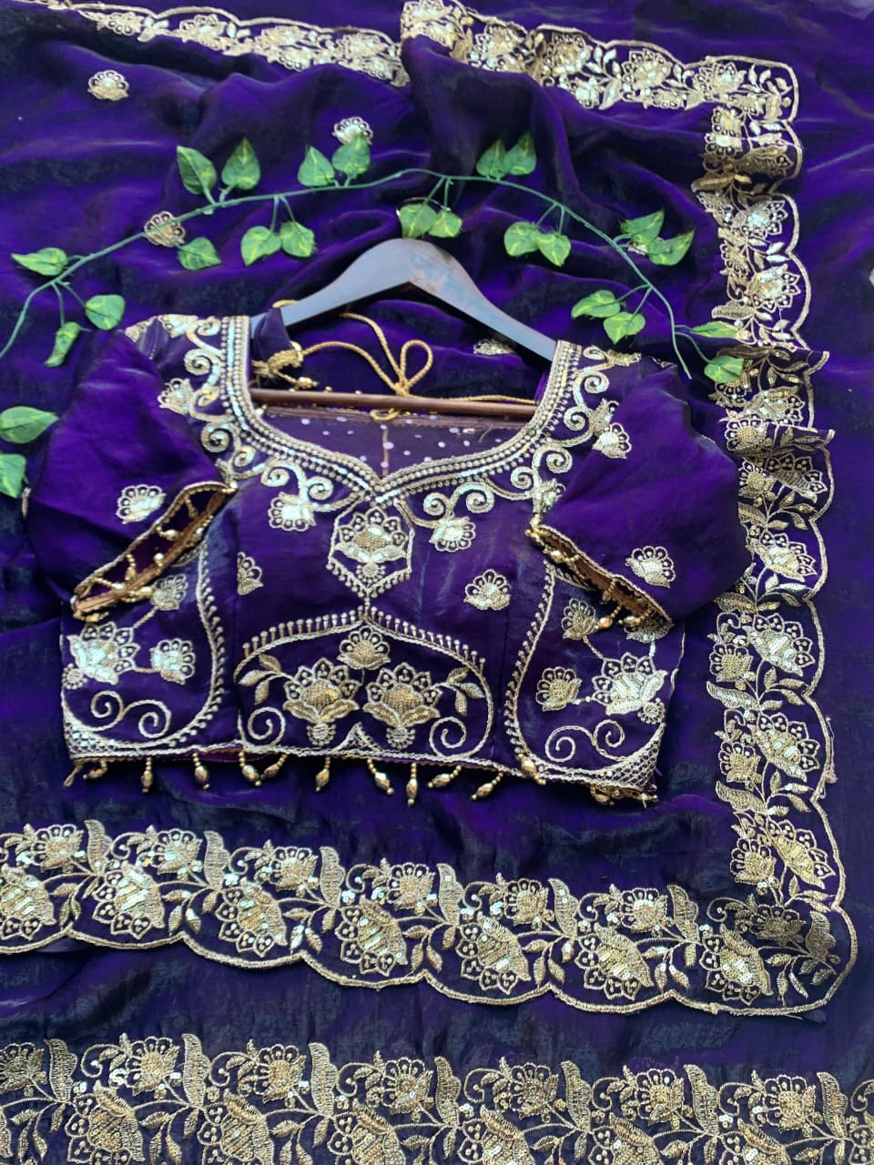 Royal Violet Embroidered Fendy Satin Saree with Heavy Sequins Border & Stitched Blouse