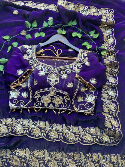 Royal Violet Embroidered Fendy Satin Saree with Heavy Sequins Border & Stitched Blouse