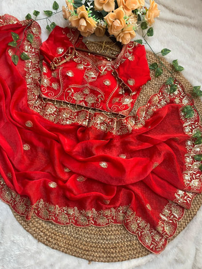 Ruby Radiance Embroidered Fendy Satin Saree with Heavy Sequins Border & Stitched Blouse