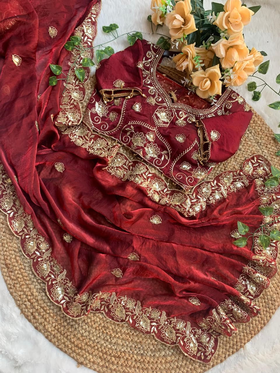 Royal Wine Embroidered Fendy Satin Saree with Heavy Sequins Border & Stitched Blouse