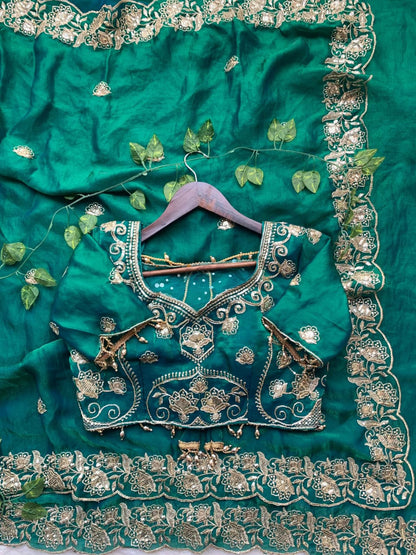 Emerald Grace Embroidered Fendy Satin Saree with Heavy Sequins Border & Stitched Blouse