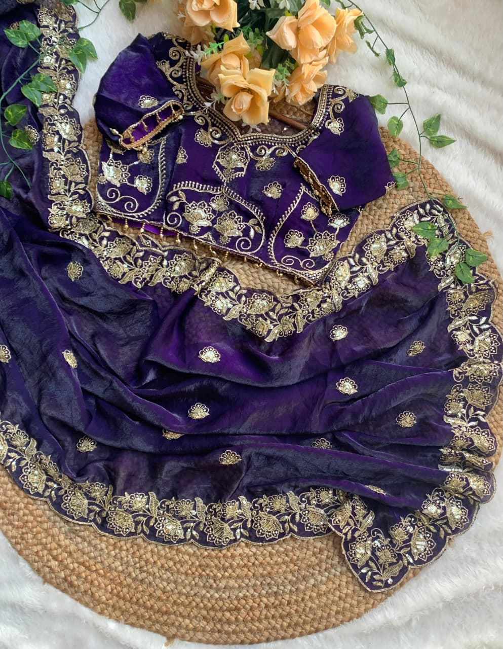 Royal Violet Embroidered Fendy Satin Saree with Heavy Sequins Border & Stitched Blouse