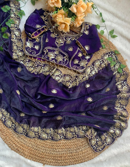 Royal Violet Embroidered Fendy Satin Saree with Heavy Sequins Border & Stitched Blouse