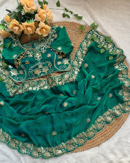 Emerald Grace Embroidered Fendy Satin Saree with Heavy Sequins Border & Stitched Blouse