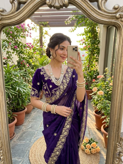 Royal Violet Embroidered Fendy Satin Saree with Heavy Sequins Border & Stitched Blouse