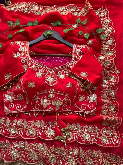 Ruby Radiance Embroidered Fendy Satin Saree with Heavy Sequins Border & Stitched Blouse