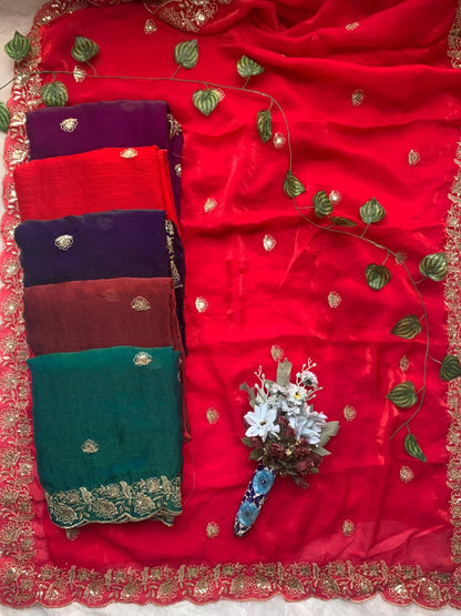 Ruby Radiance Embroidered Fendy Satin Saree with Heavy Sequins Border & Stitched Blouse