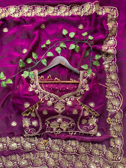 Royal Magenta Embroidered Fendy Satin Saree with Heavy Sequins Border & Stitched Blouse