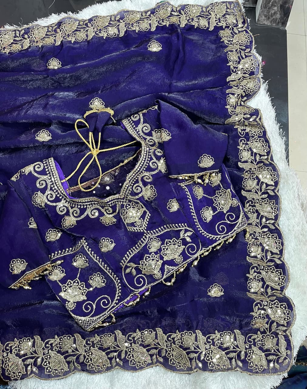 Royal Violet Embroidered Fendy Satin Saree with Heavy Sequins Border & Stitched Blouse