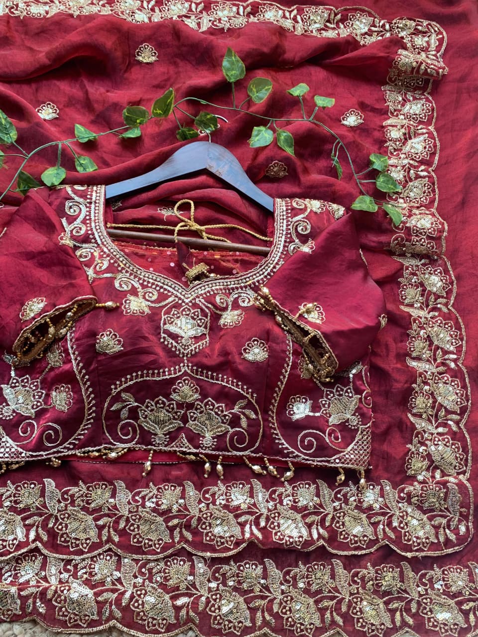Royal Wine Embroidered Fendy Satin Saree with Heavy Sequins Border & Stitched Blouse