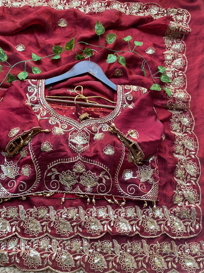 Royal Wine Embroidered Fendy Satin Saree with Heavy Sequins Border & Stitched Blouse