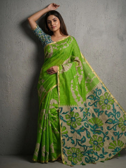 Lime Green Kalamkari Print Linen Saree with Zari Border & Tassel Pallu