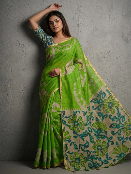 Lime Green Kalamkari Print Linen Saree with Zari Border & Tassel Pallu