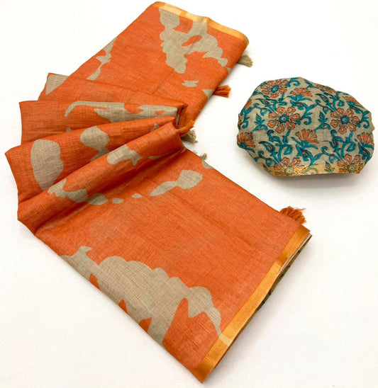 Peach Orange Kalamkari Print Linen Saree with Floral Pallu & Zari Border