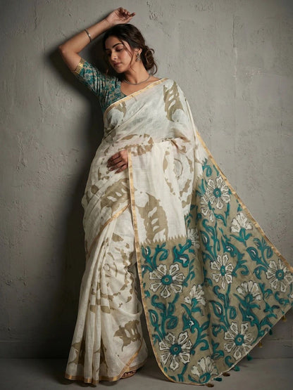 Ivory White Kalamkari Print Linen Saree with Teal Floral Pallu & Zari Border