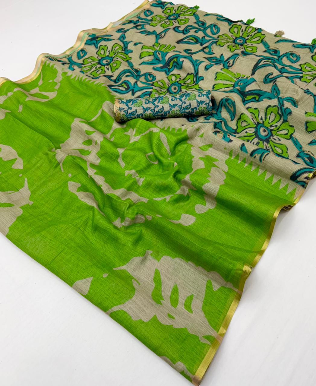 Lime Green Kalamkari Print Linen Saree with Zari Border & Tassel Pallu