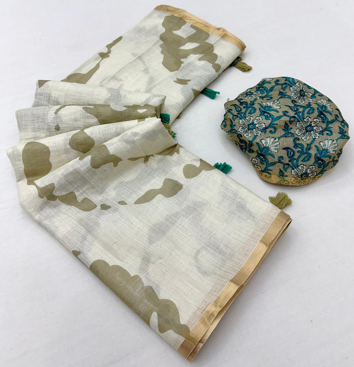 Ivory White Kalamkari Print Linen Saree with Teal Floral Pallu & Zari Border