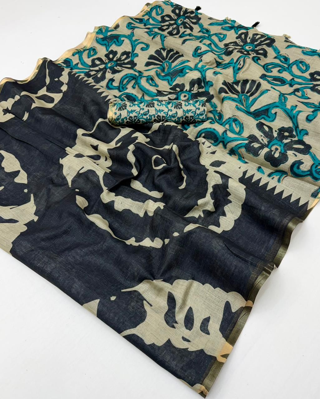 Black Kalamkari Print Linen Saree with Floral Pallu & Zari Border