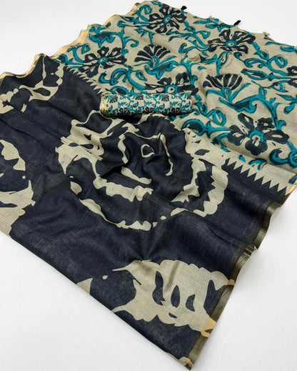 Black Kalamkari Print Linen Saree with Floral Pallu & Zari Border