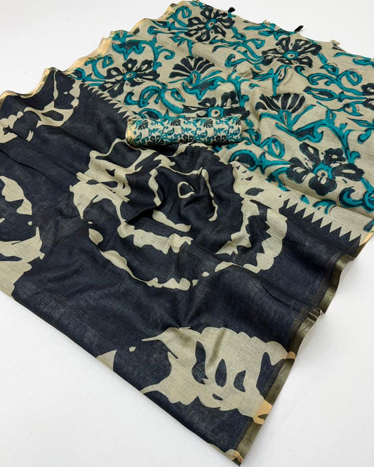 Black Kalamkari Print Linen Saree with Floral Pallu & Zari Border