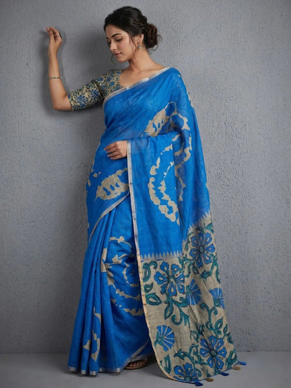 Royal Blue Kalamkari Print Linen Saree with Floral Pallu & Zari Border