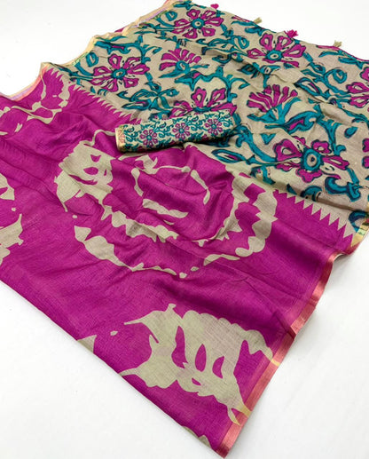 Rani Pink Kalamkari Print Linen Saree with Floral Pallu & Zari Border