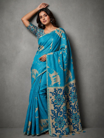 Sky Blue Kalamkari Print Linen Saree with Floral Pallu & Zari Border