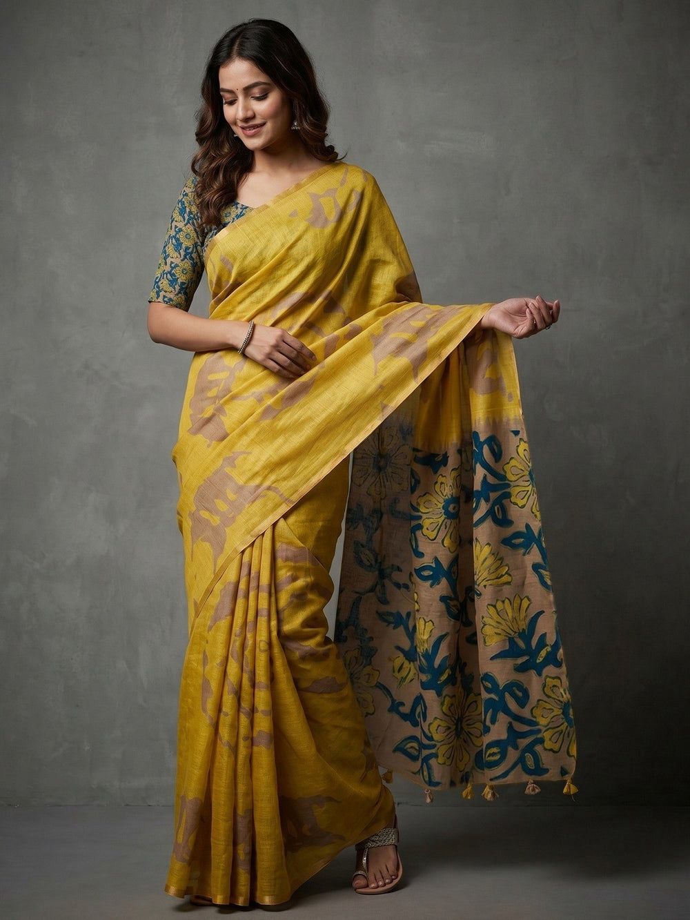 Mustard Yellow Kalamkari Print Linen Saree with Floral Pallu & Zari Border