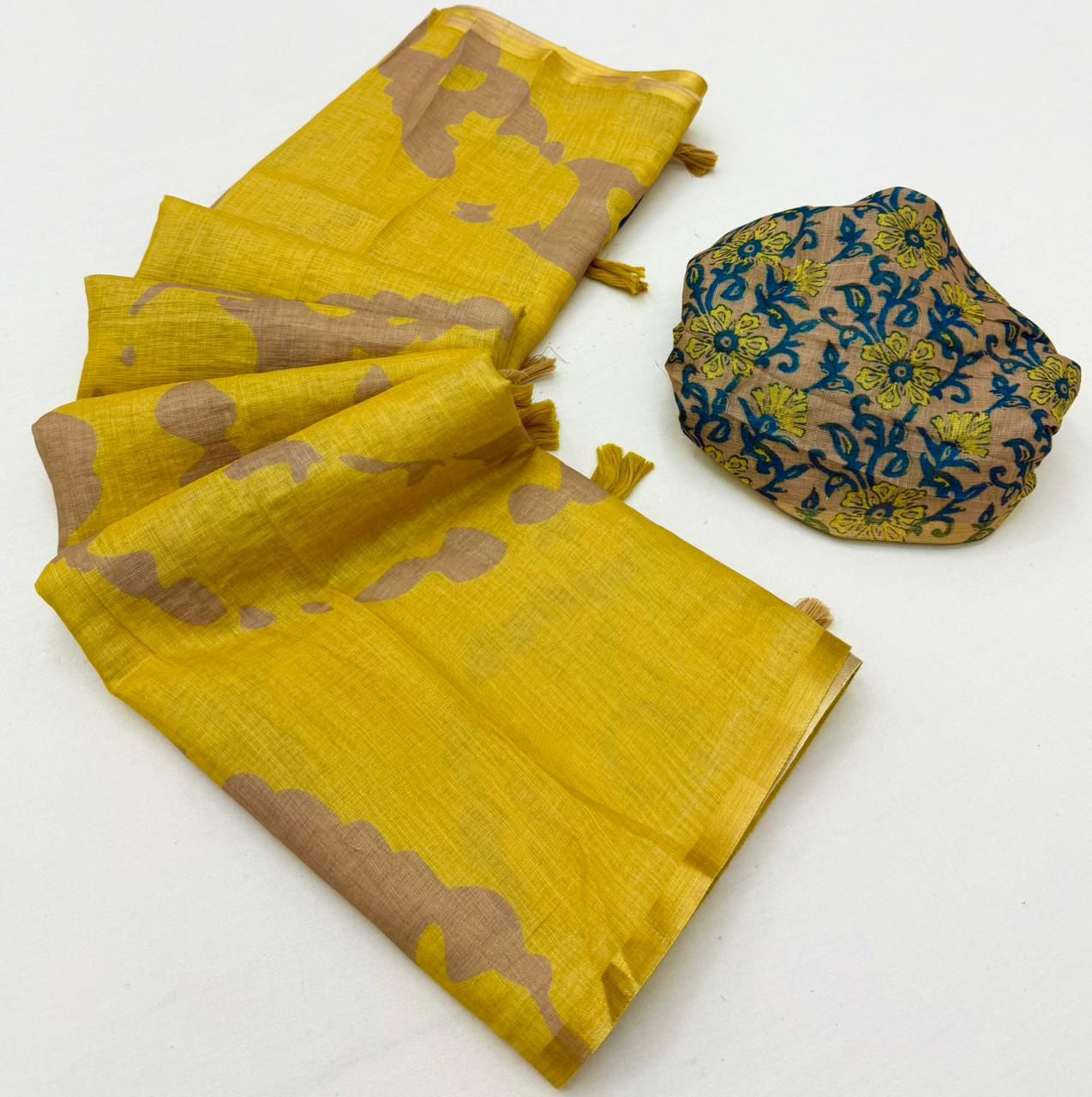 Mustard Yellow Kalamkari Print Linen Saree with Floral Pallu & Zari Border