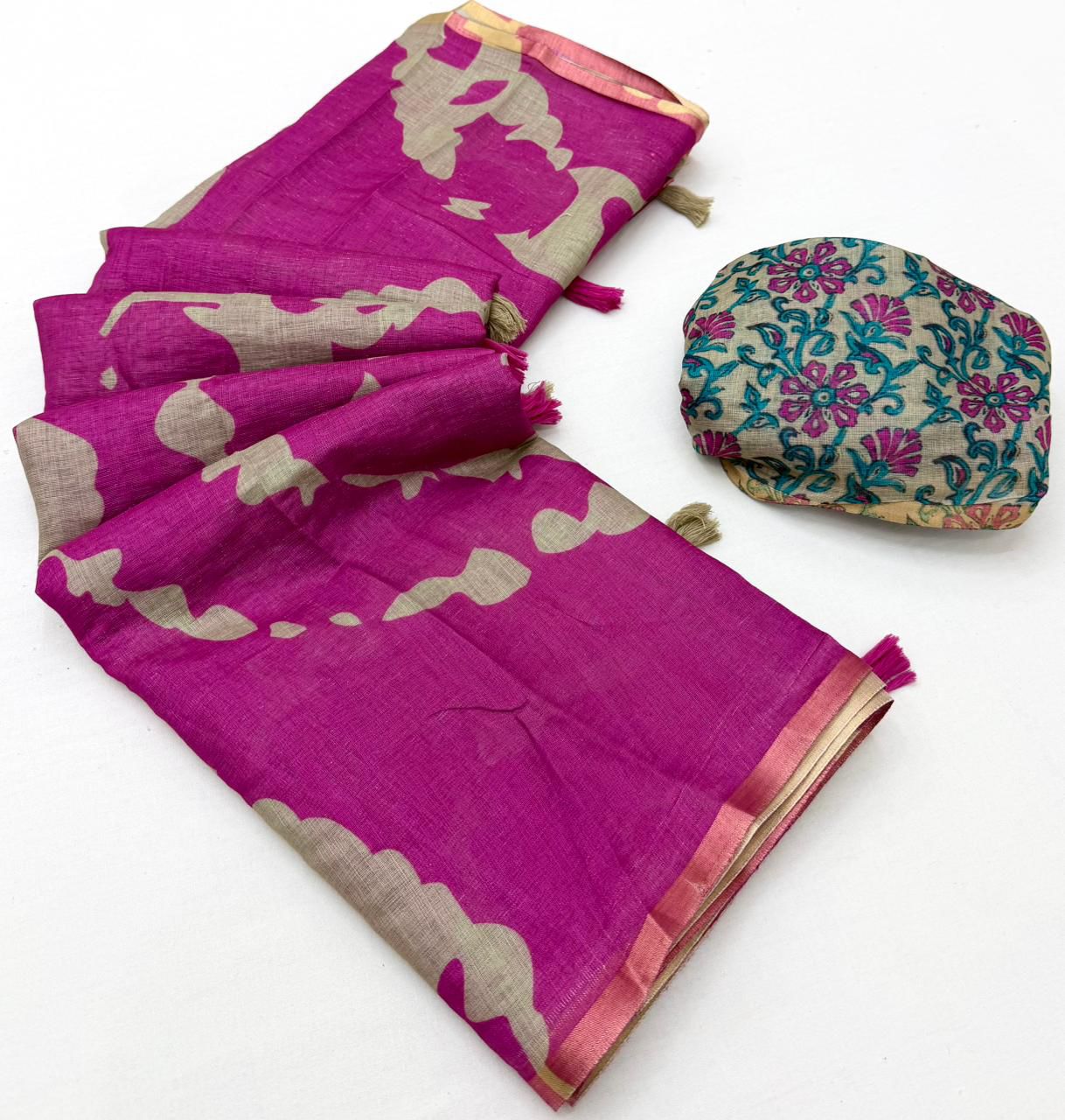 Rani Pink Kalamkari Print Linen Saree with Floral Pallu & Zari Border