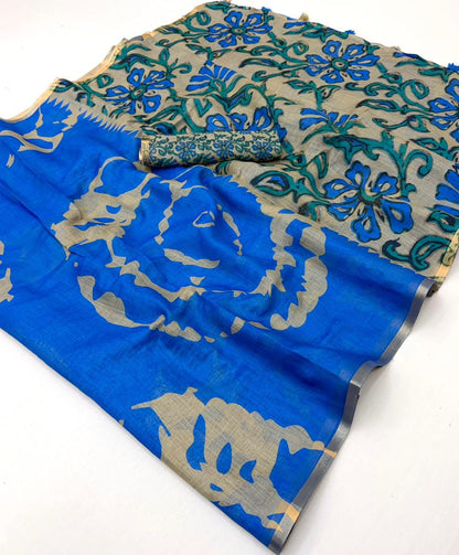 Royal Blue Kalamkari Print Linen Saree with Floral Pallu & Zari Border