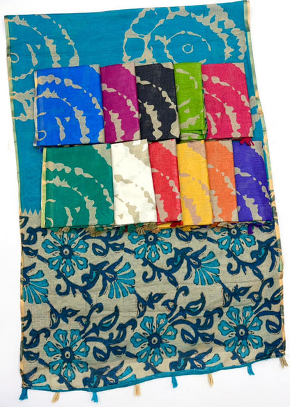 Lime Green Kalamkari Print Linen Saree with Zari Border & Tassel Pallu