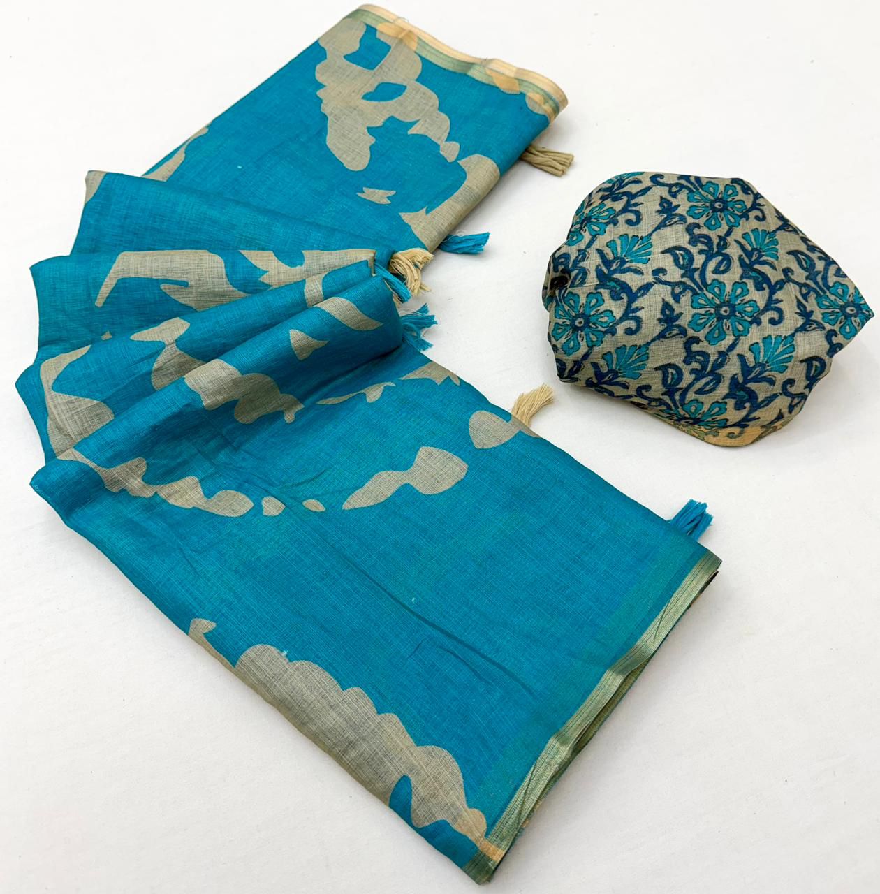 Sky Blue Kalamkari Print Linen Saree with Floral Pallu & Zari Border