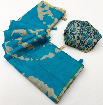Sky Blue Kalamkari Print Linen Saree with Floral Pallu & Zari Border