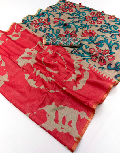 Coral Pink Kalamkari Print Linen Saree with Floral Pallu & Zari Border