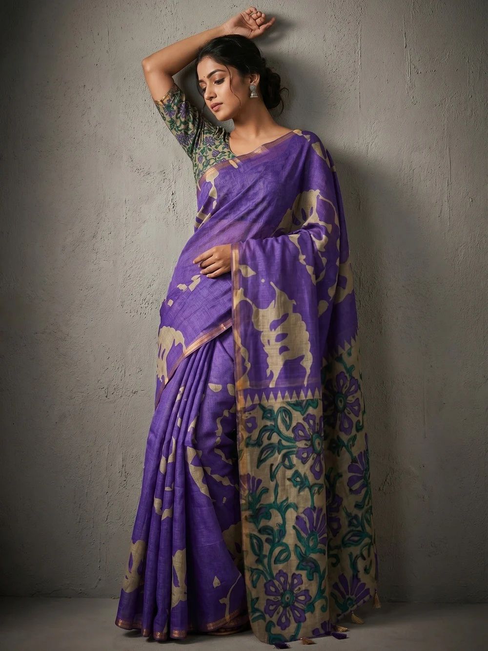 Lavender Purple Kalamkari Print Linen Saree with Floral Pallu & Zari Border