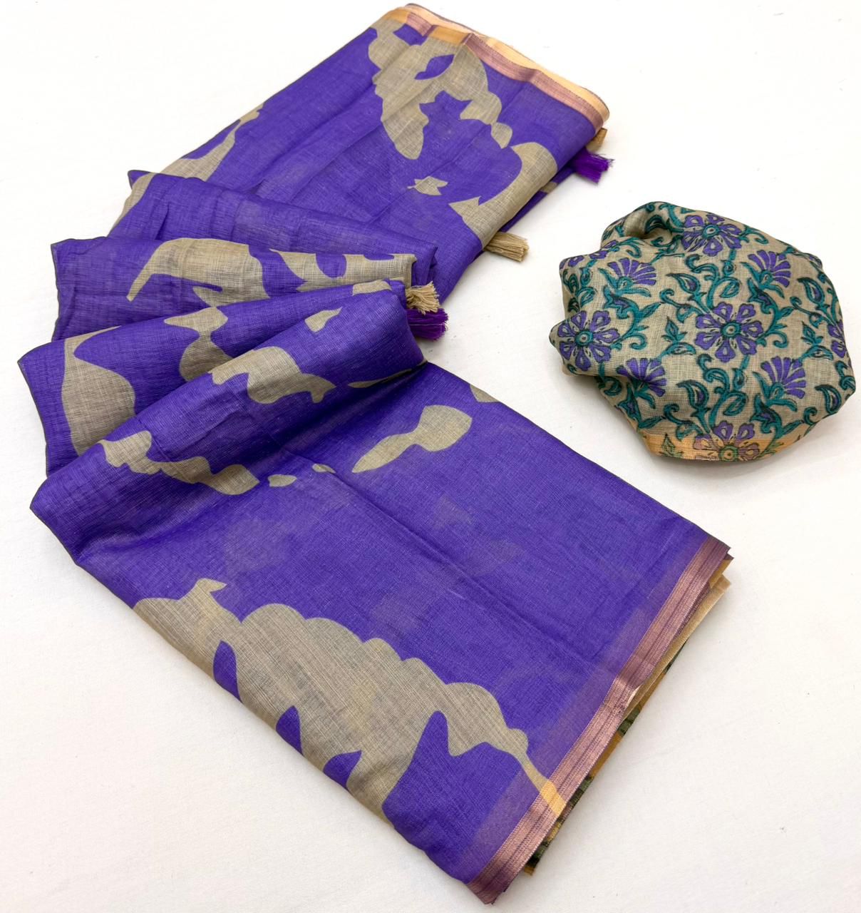 Lavender Purple Kalamkari Print Linen Saree with Floral Pallu & Zari Border