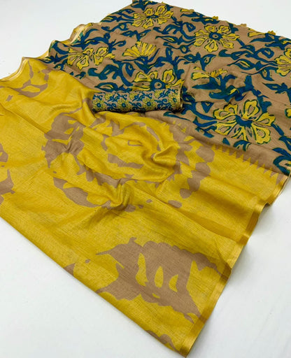 Mustard Yellow Kalamkari Print Linen Saree with Floral Pallu & Zari Border