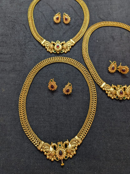 Premium Antique Peacock Temple Necklace Set with Ruby Stone | Super Quality Traditional Chain Set for Women