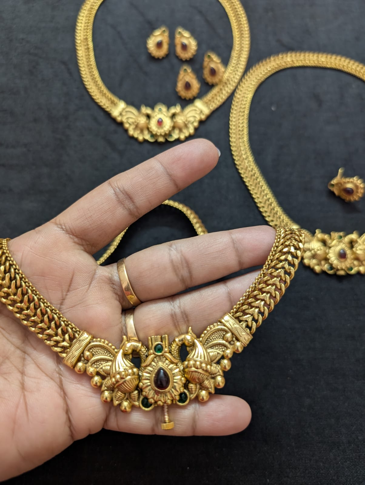 Premium Antique Peacock Temple Necklace Set with Ruby Stone | Super Quality Traditional Chain Set for Women