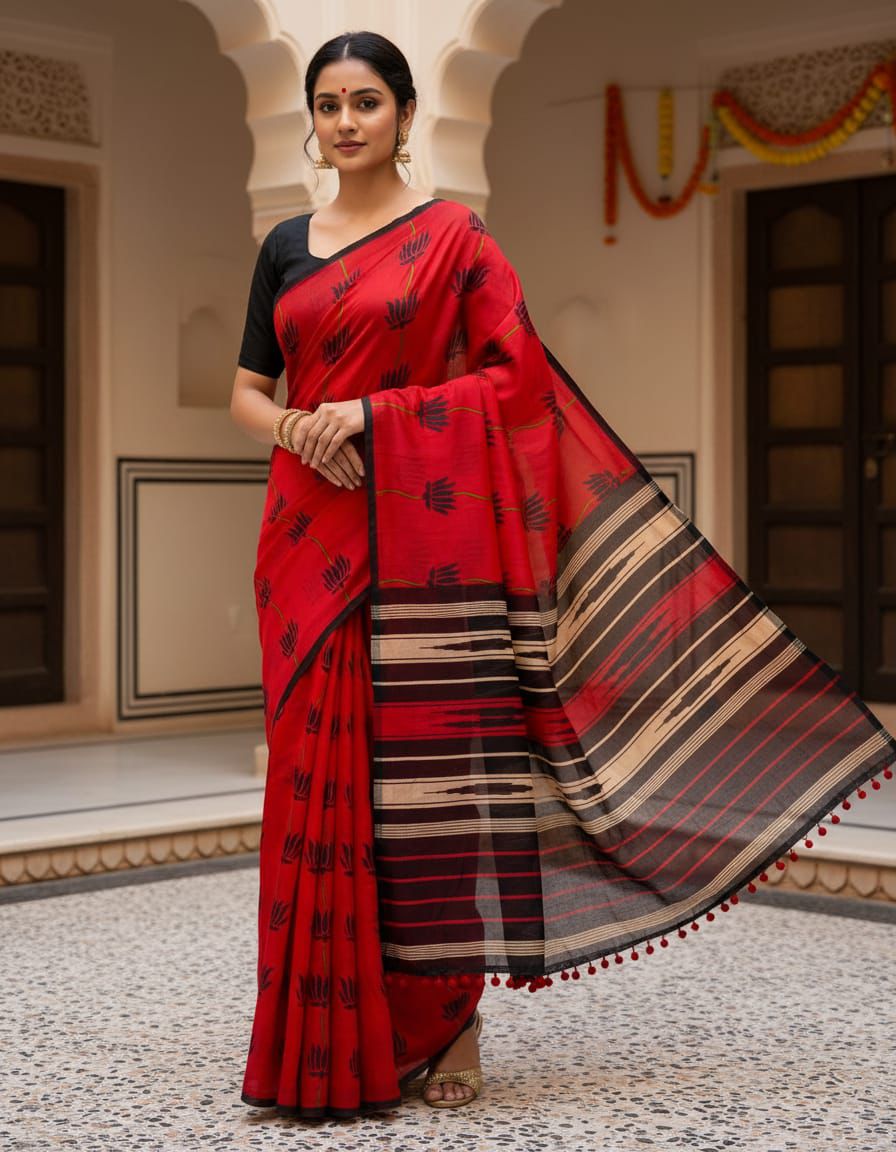 Elegant Ruby Red Mul Mul Cotton Saree with Black Printed Motifs & Designer Pallu | Pum Pum Lace
